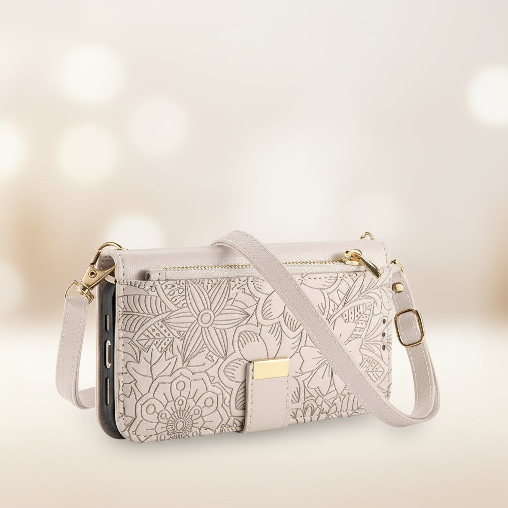 Etui téléphone Elégance Florale en couleur gris clair avec sangle longue