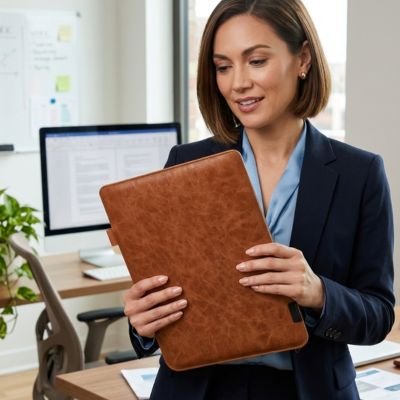 Housse tablette Élégance Protect, de couleur marron brillant, différente taille