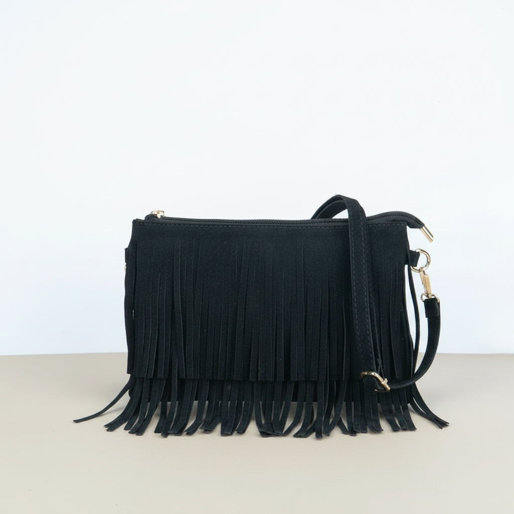 Sac bandoulière à franges en suédine noir