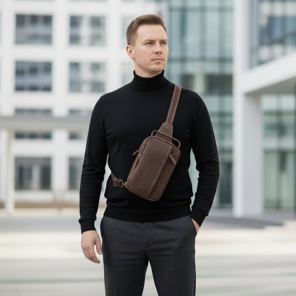 Homme portant la sacoche homme cuir élégance vintage en bandoulière