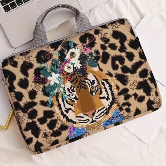 Sacoche ordinateur femme FelinArt avec motif félin artistique turquoise et rose