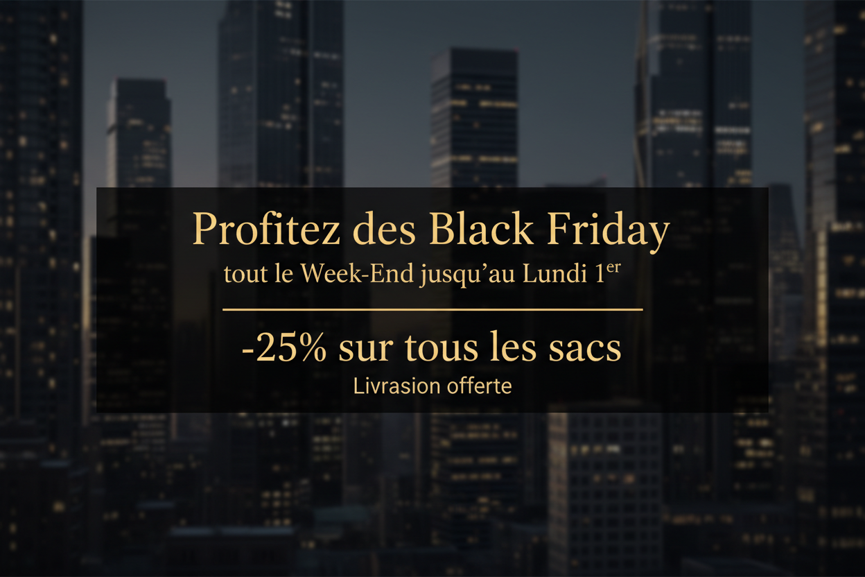 créer une image pour les black Friday  ne pas mettre de sacs mettre en arrière  plan des immeubles  le texte sans faute d'orthographe Profiter des  Black Friday tout le Week End jusqu'au Lundi 1 er -25% sur tout les sacs Livraison offerte 