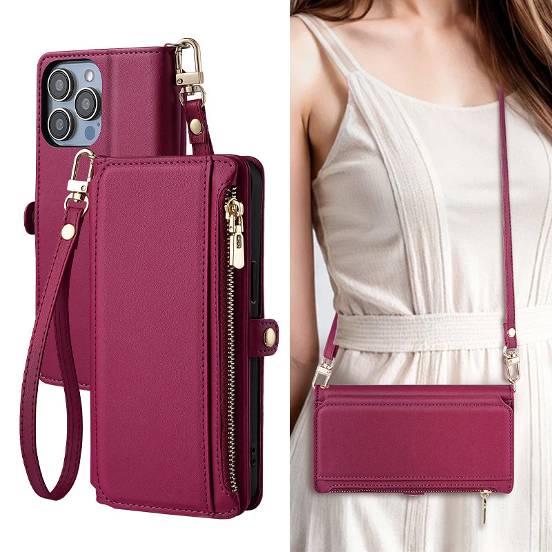 Etui téléphone Style Tout-en-Un, couleur bordeaux, sangle longue