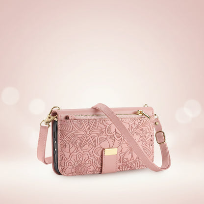 Etui téléphone Elégance Florale, en couleur rose avec sangle longue