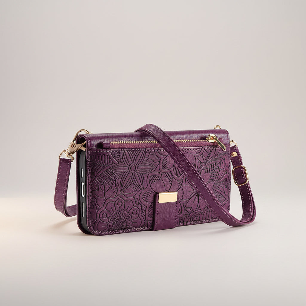 Etui téléphone Elégance Florale, en couleur violet avec sangle longue