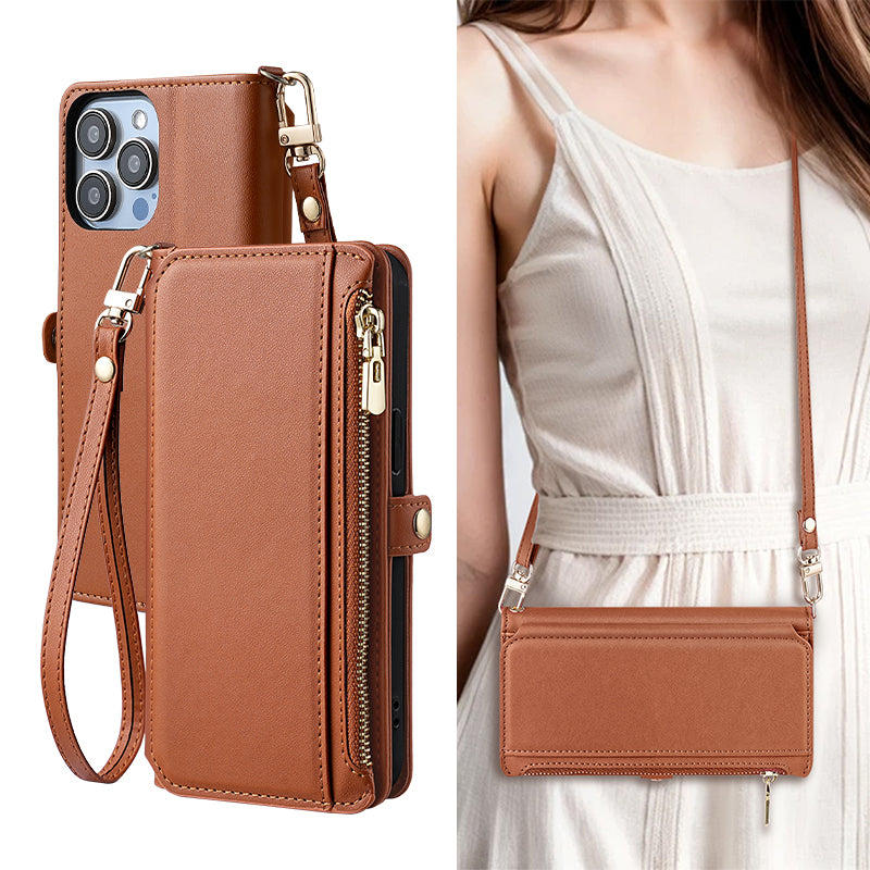 Etui téléphone Style Tout-en-Un, couleur marron, sangle longue