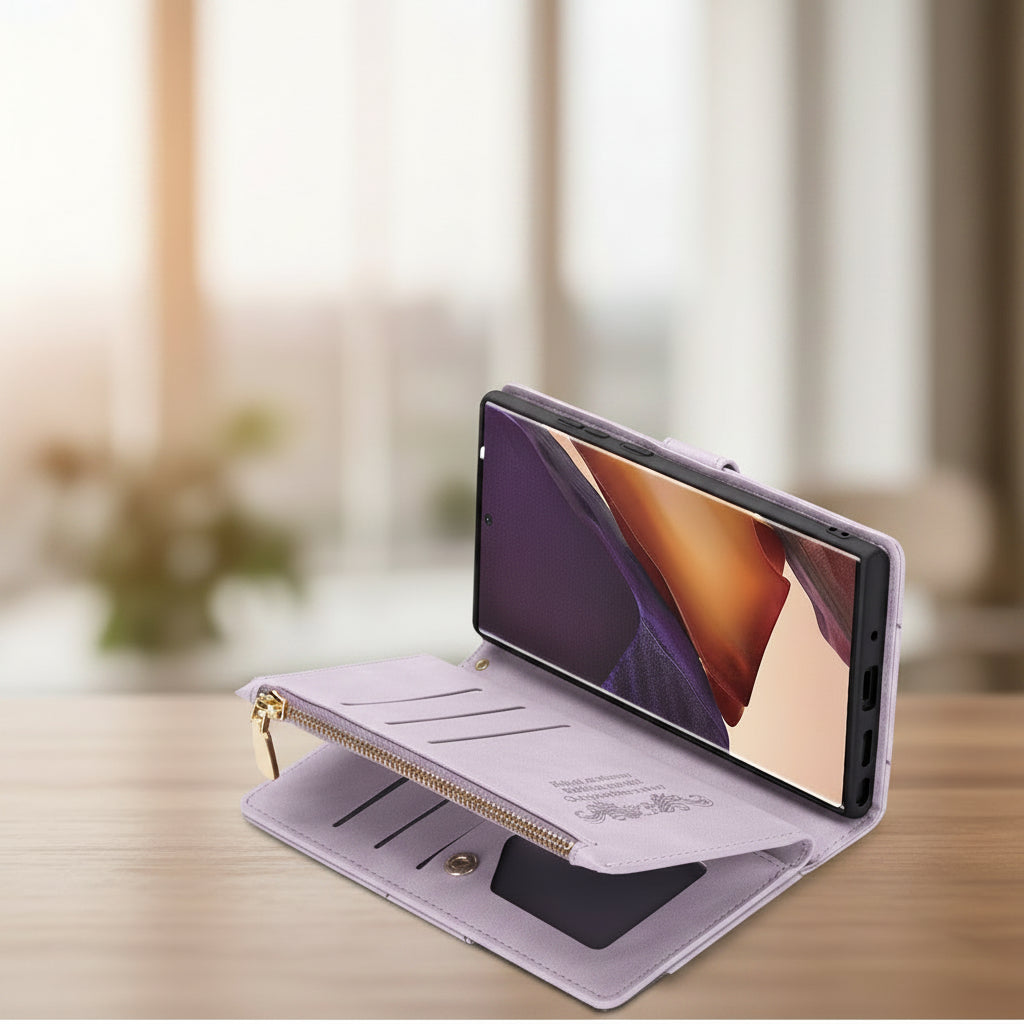 Etui téléphone Elégance Lilas, son porte carte et sa poche zippée