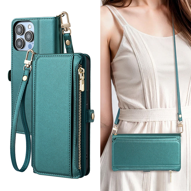 Etui téléphone Style Tout-en-Un, couleur vert canard, sangle longue