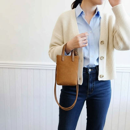 Femme portant à la main la pochette bandoulière téléphone  élégance avec style