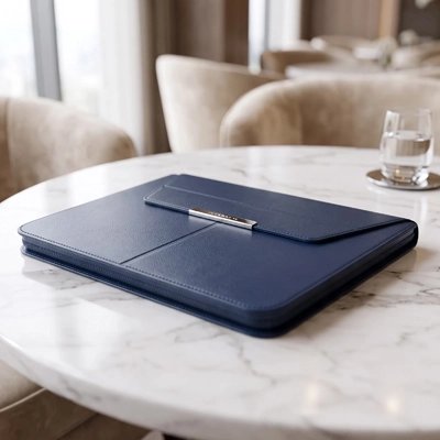 Pochette ordinateur cuir Elégance Discrète coloris bleu marine 