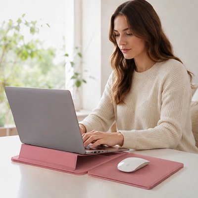 Pochette ordinateur cuir Elégance Convertible, support ergonomique pour surélever l'écran