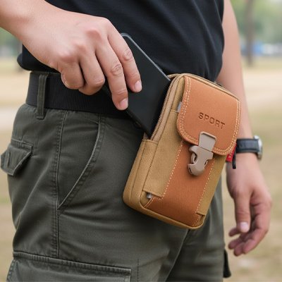 Pochette téléphone marron portée à la taille - Style urbain et pratique au quotidien