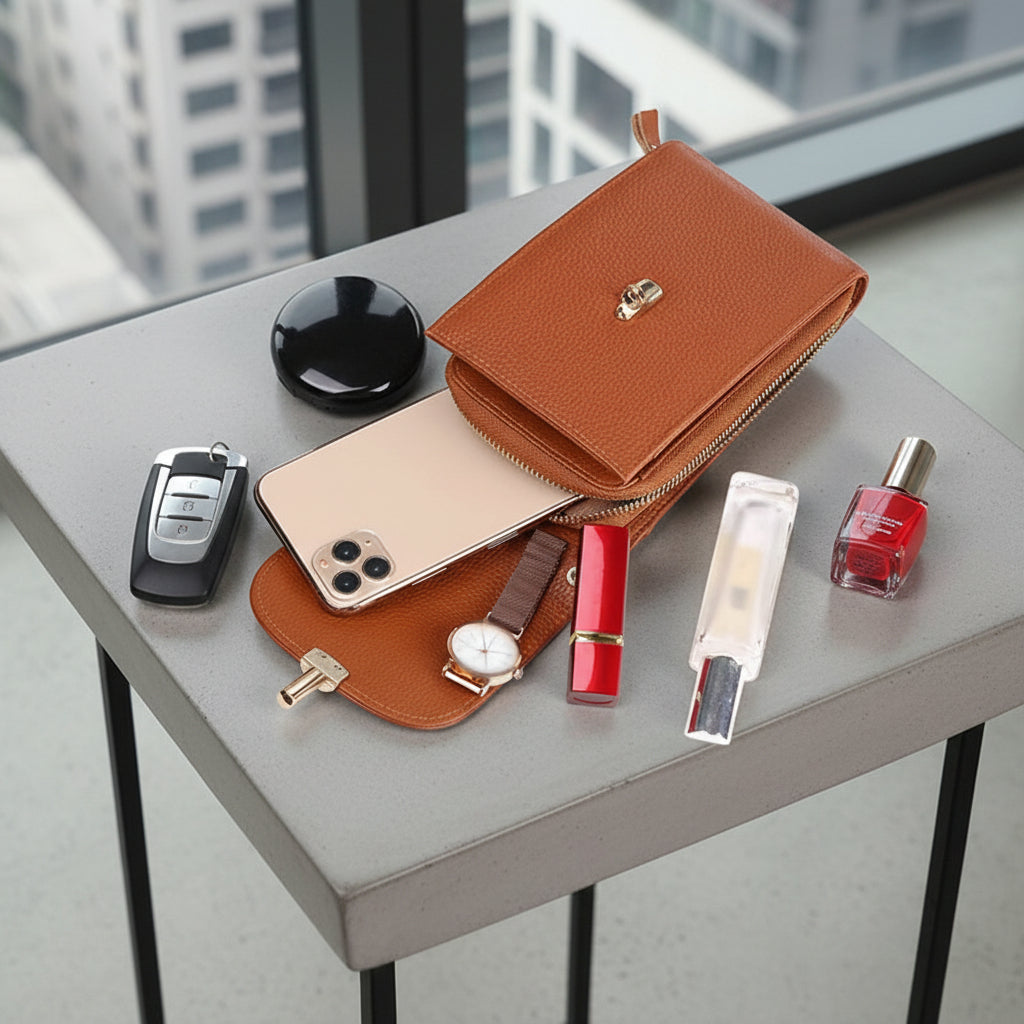 Pochette telephone bandoulière avec essentiels téléphone cartes clés
