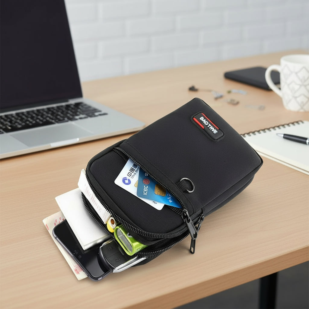 Pochette telephone avec smartphone et accessoires rangés