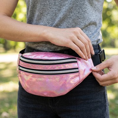 Sac banane femme élégant Lumineux porté à la taille, deux compartiments zippées