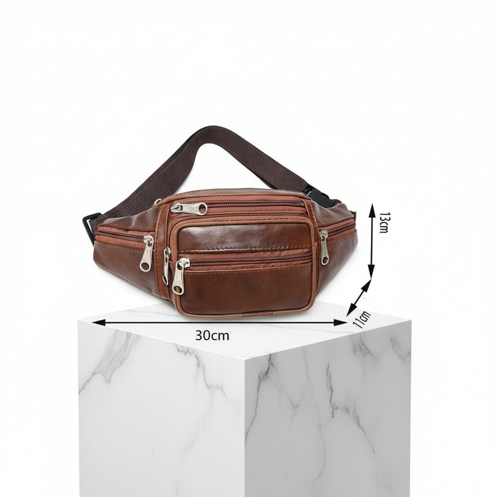 Dimensions du sac banane homme vintage - 30 x 10 x 13 cm avec 6 compartiments