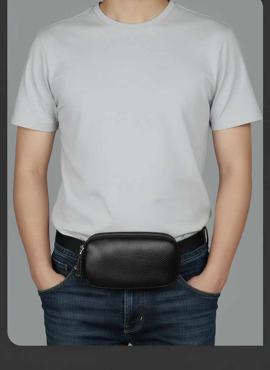 Homme portant le sac banane homme en cuir à la taille