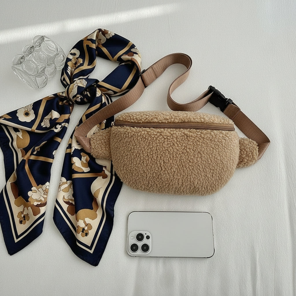 Détail texture sherpa moumoute ultra-douce sac banane tendance hiver