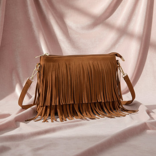 Sac bandoulière à franges en suédine marron - Vue principale du produit élégant