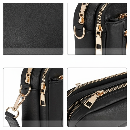 Détail des fermetures éclair dorées du sac