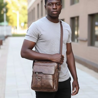 Homme portant sac bandoulière en position croisée pour un style urbain et sécurisé