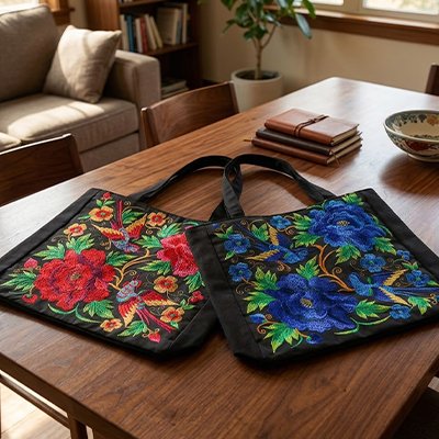 Sac cabas  Élégant Floral, broderie florale artisanale