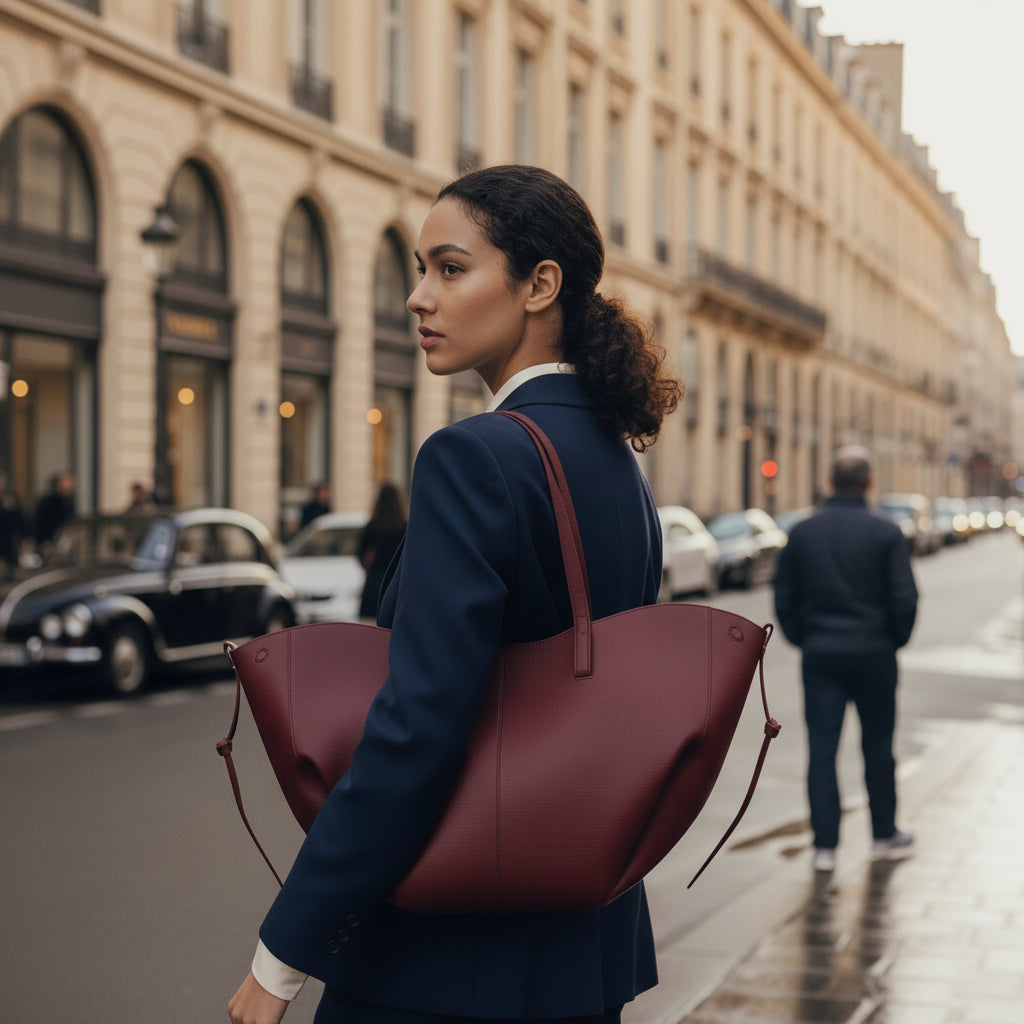 le sac cabas cuir  Élégance transformable de couleur bordeaux peut être porté  sur l'épaule 
