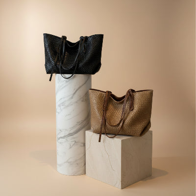 Sac cabas Tressé Similicuir en deux coloris noir et beige