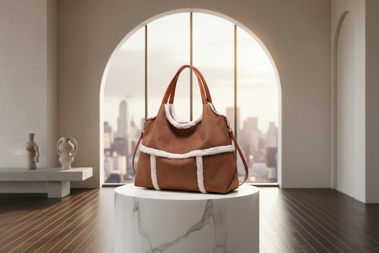 Sac cabas femme Elégance Daim Sherpa, design raffiné avec détails sherpa