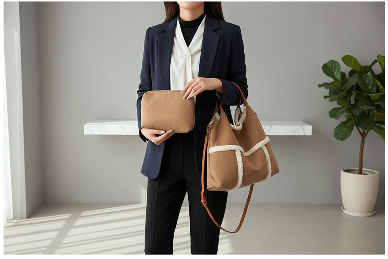 Pochette amovible du sac cabas femme Elégance Daim Sherpa, pratique et élégante