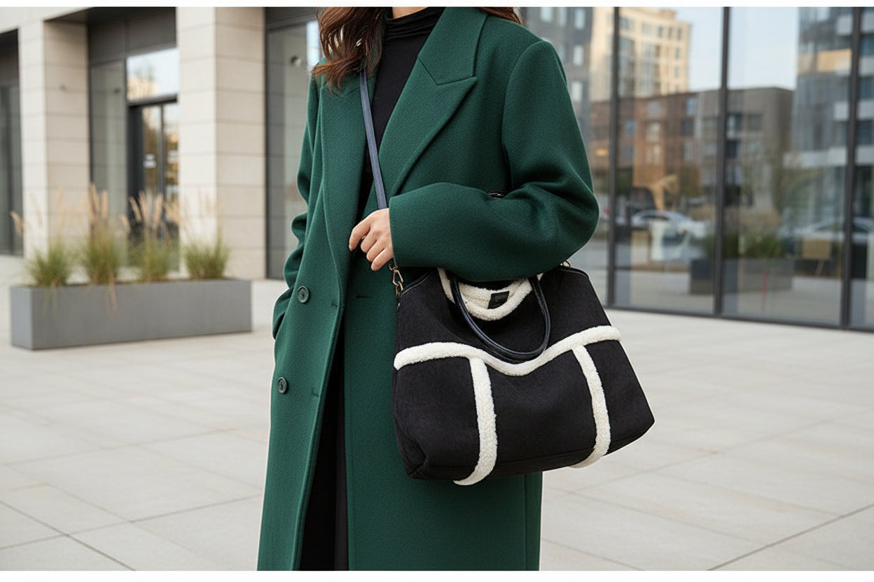 Sac cabas femme Elégance Daim Sherpa porté en bandoulière pour un style décontracté