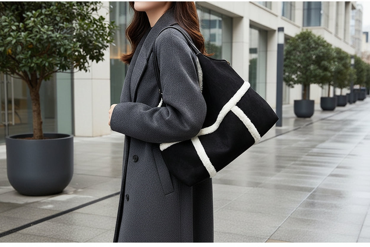 Sac cabas femme Elégance Daim Sherpa porté sur l'épaule, look élégant et confortable