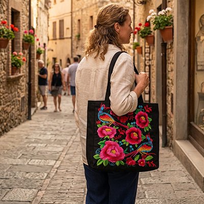 Sac cabas Généreux et Élégant motif brodé, floral style traditionnel vibrant