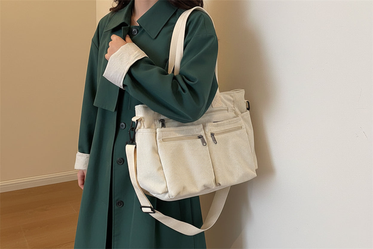 Femme portant un sac cabas en velours à l'épaule - Style urbain