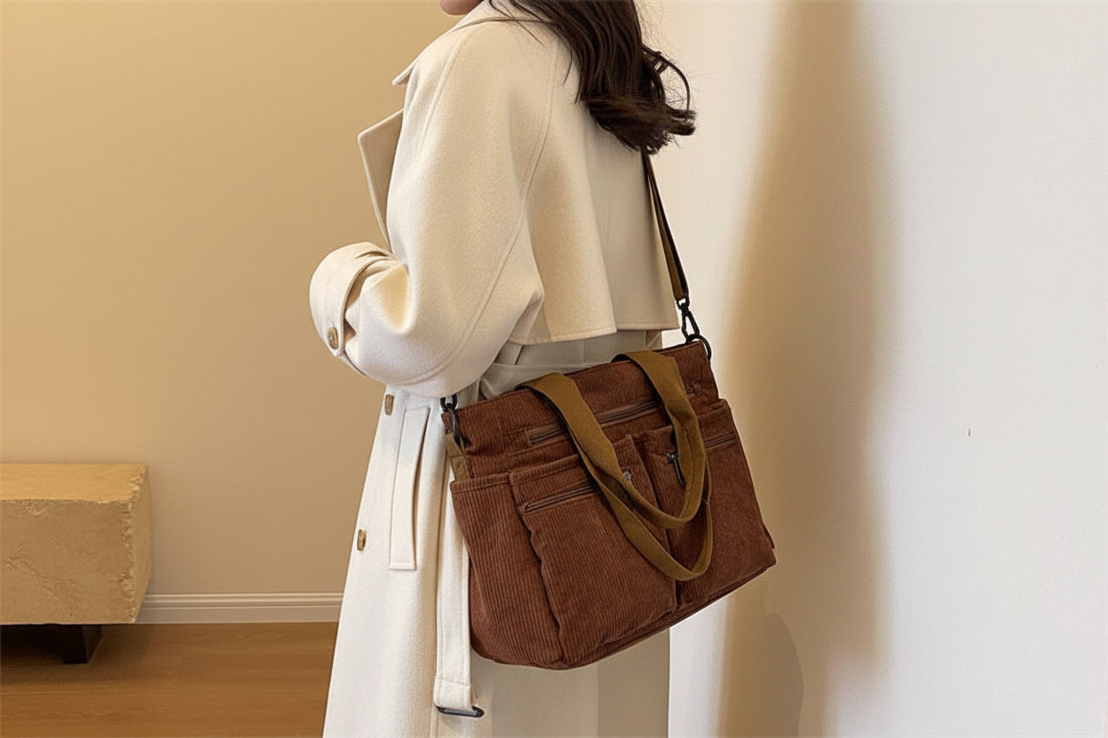 Sac cabas en velours porté en bandoulière - Polyvalent et pratique