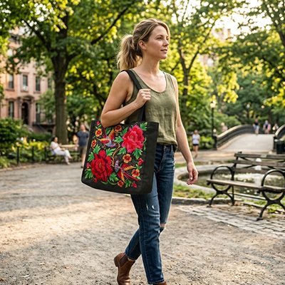 Sac cabas  Élégant Floral, sur fond noir et fleurs couleur rouge