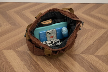 Intérieur du sac cabas en velours - Doublure et organisation