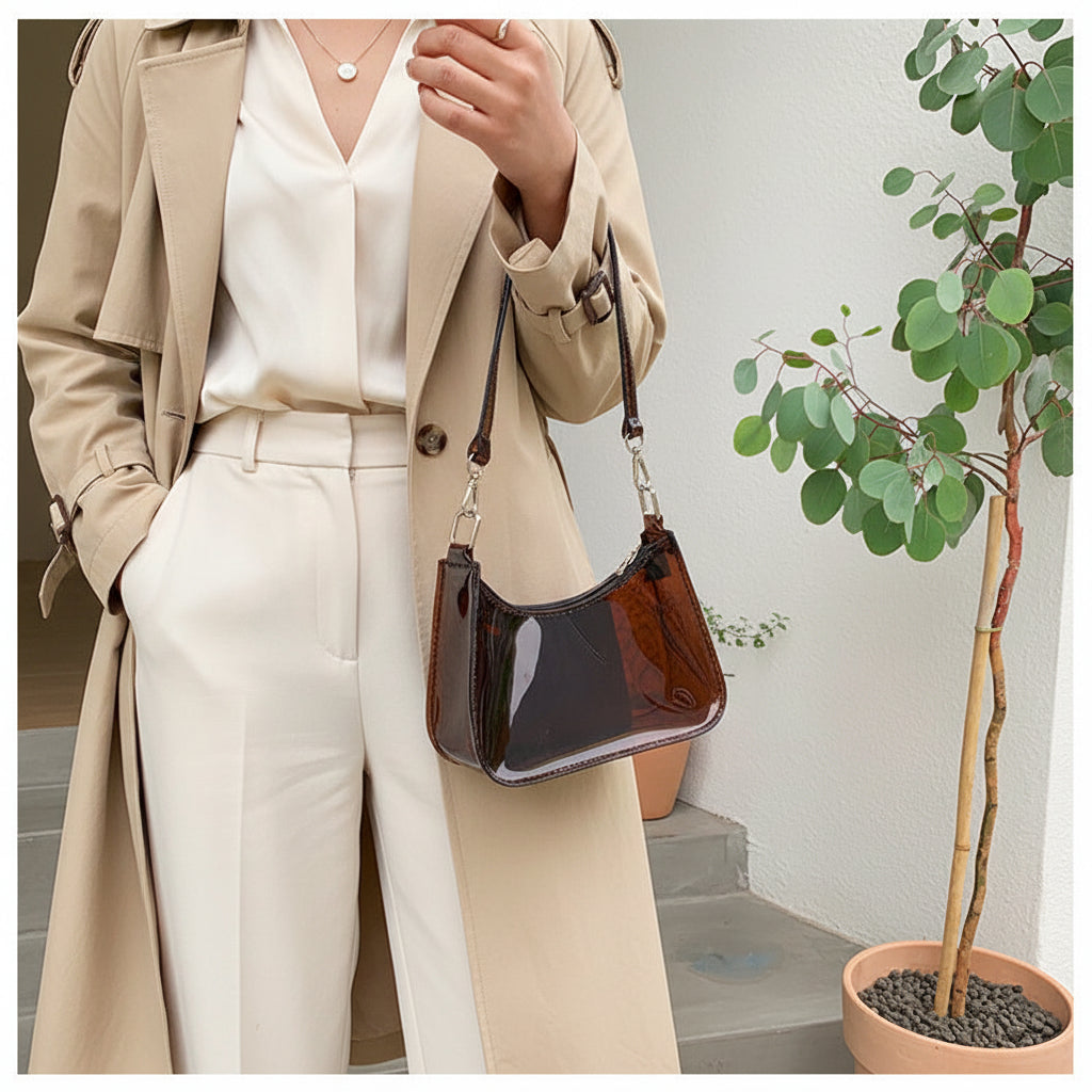 Sac femme bandoulière Transparent Chic, porté au bras