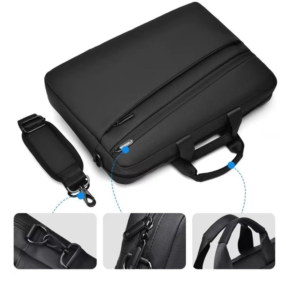 Détails de finition du sac ordinateur homme -crochets détachables, fermetures qualité, et poignées renforcer