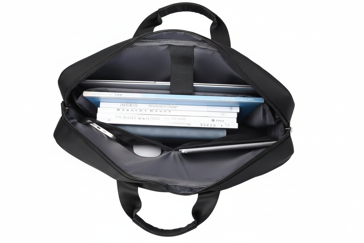 Intérieur du sac ordinateur homme avec compartiments organisés 