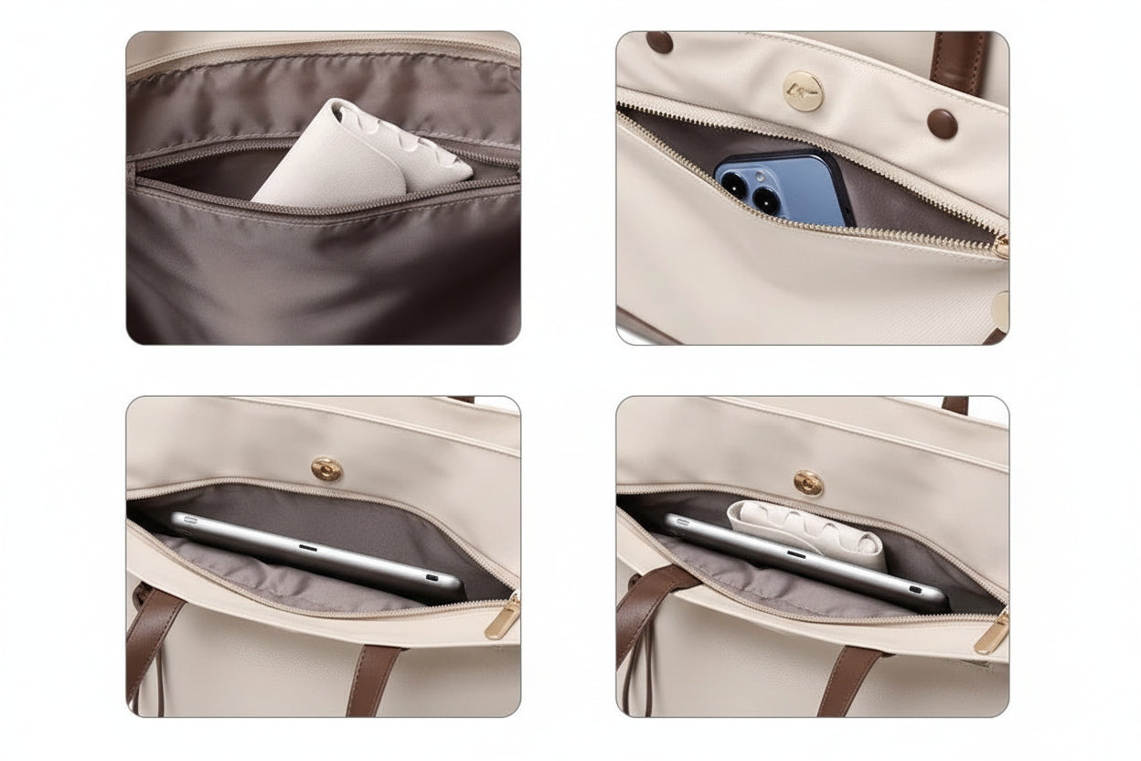 Détails des poches et compartiments du sac pour ordinateur