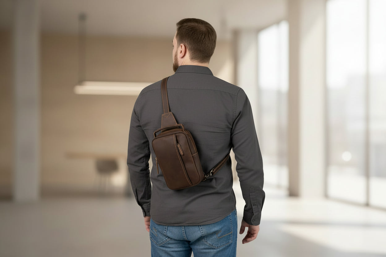 Homme portant la sacoche homme cuir vintage sur le dos - style urbain élégant