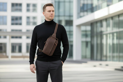 Homme portant la sacoche homme cuir vintage en bandoulière - style urbain élégant