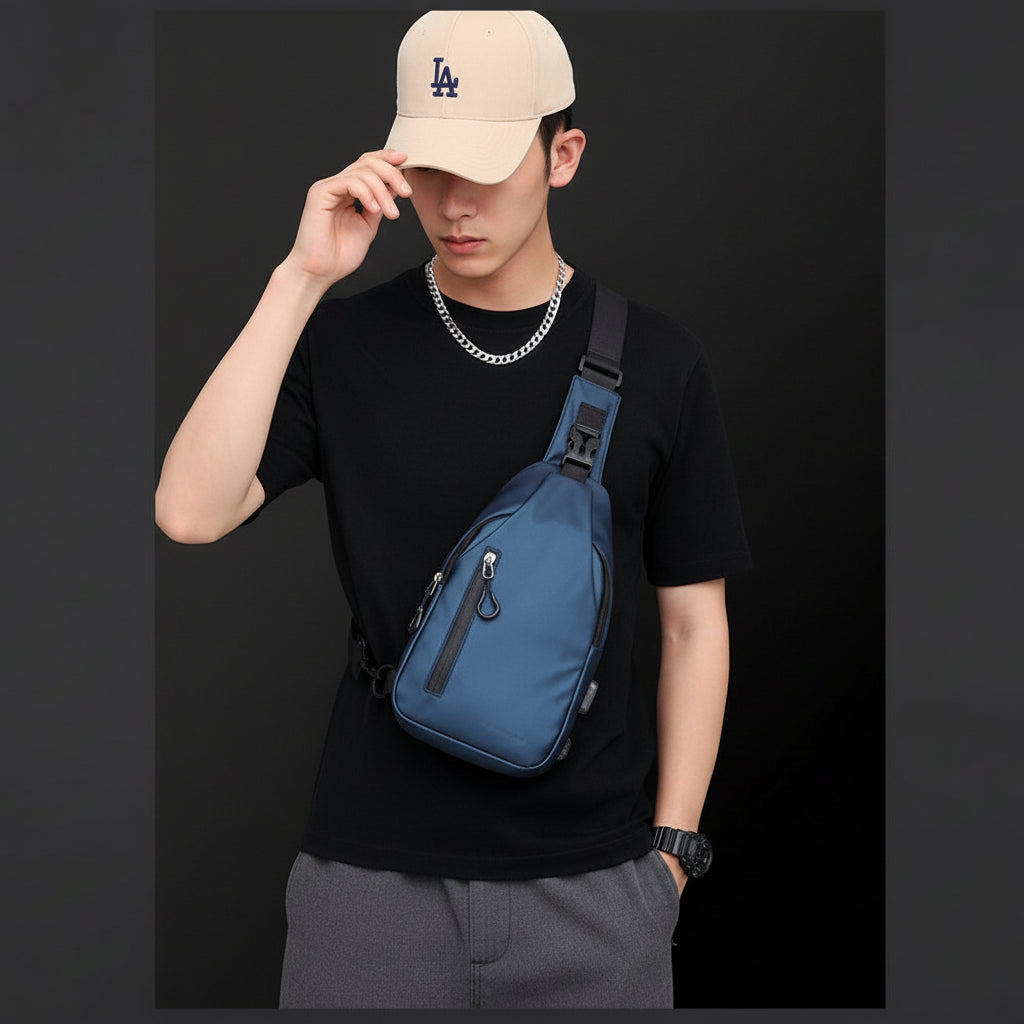 Homme portant sacoche  homme urbaine crossbody noire avec bandoulière réglable