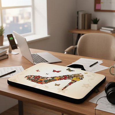 Sacoche ordinateur femme Elégante, design artistique, illustration exclusive représentant une chaussure à talon et des papillons 