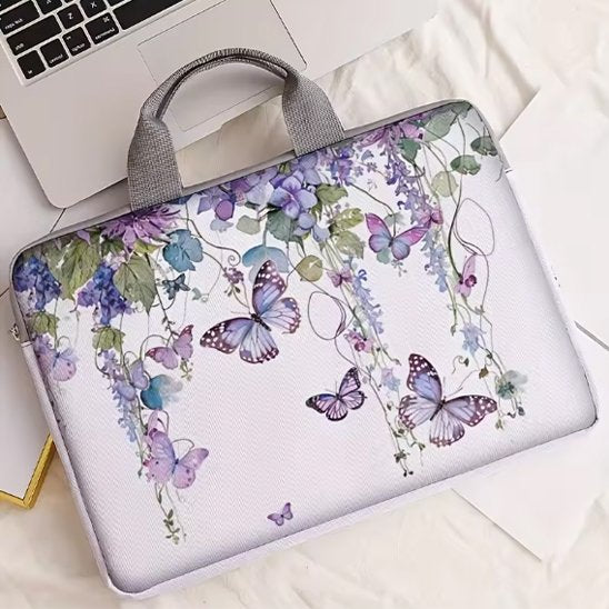 Sacoche ordinateur femme motif délicat avec fleurs en cascade et papillons violets sur fond clair